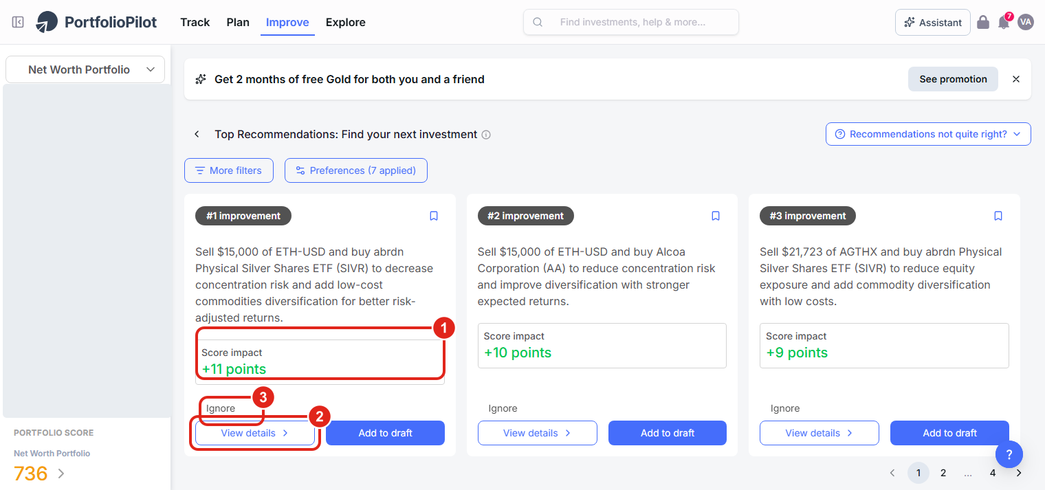 A Top Recommendations card showing the Score impact (1), the View details button (2), and the Ignore option (3).