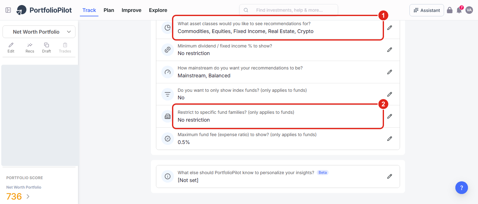 The Recommendations preferences section: the asset-class selector (1) and the Restrict to specific fund families option (2).