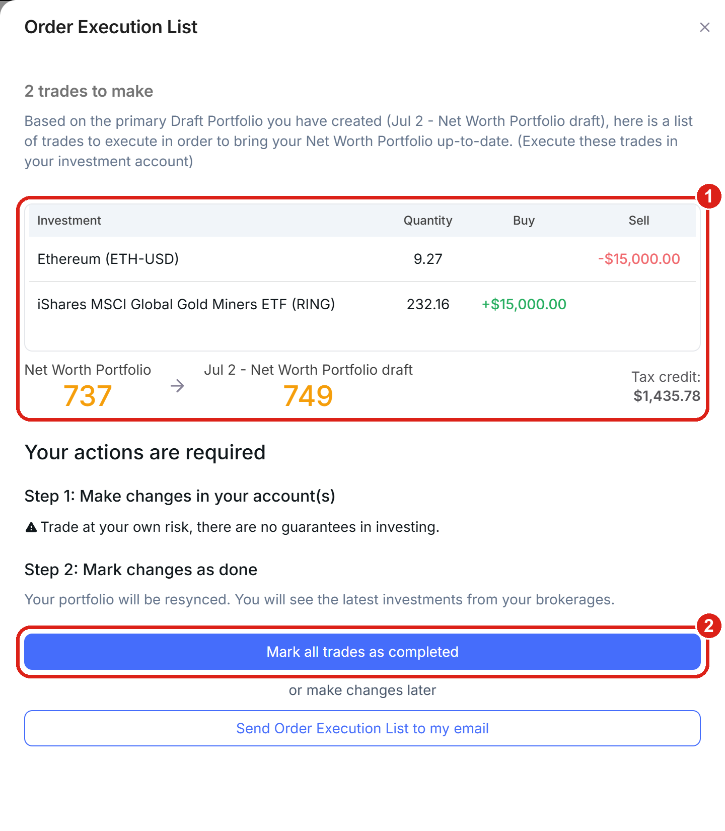 The Order Execution List: the trades to make with quantities and dollar amounts plus the projected Portfolio Score change (1), and the Mark all trades as completed button (2).