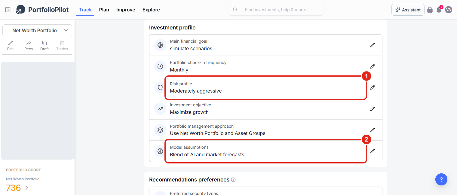 The Investment profile section of Preferences: Risk profile (1) and Model assumptions (2).