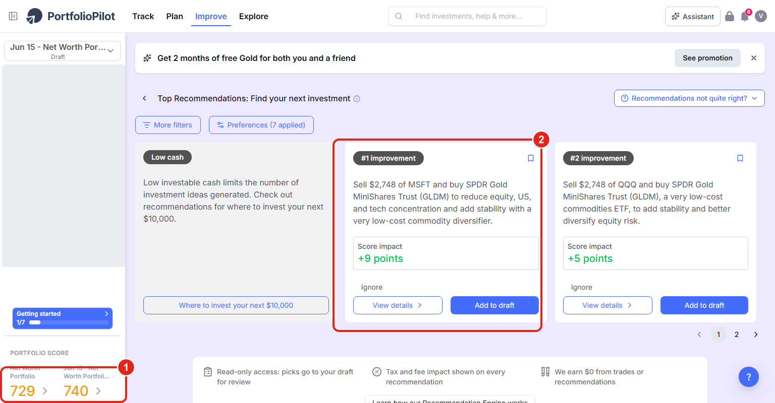 After a change is added to the draft: the draft Portfolio Score has updated (1) and the recommendations have recomputed into a fresh set (2).
