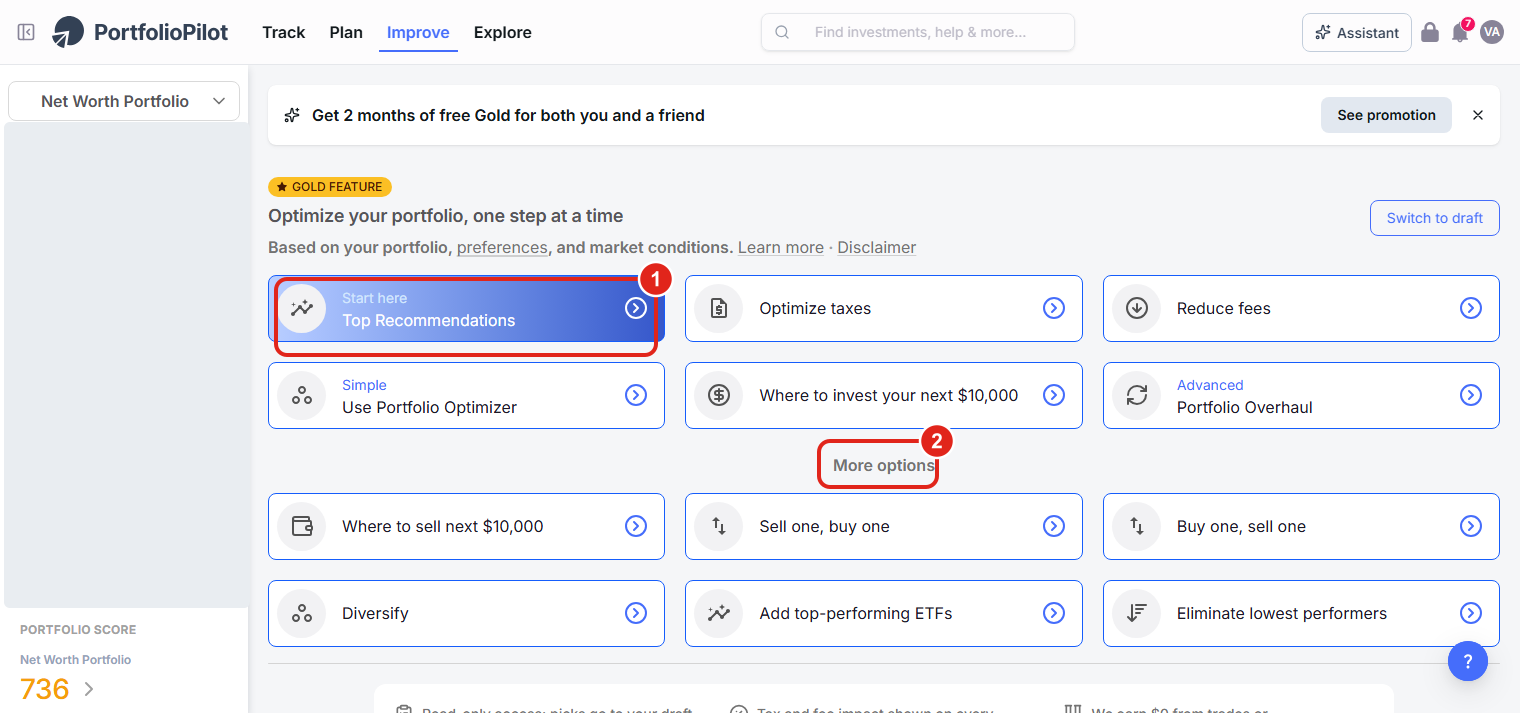 The Recommendations menu: the Top Recommendations tile marked Start here (1), and the rest of the menu under Main Recommendations and More options (2).