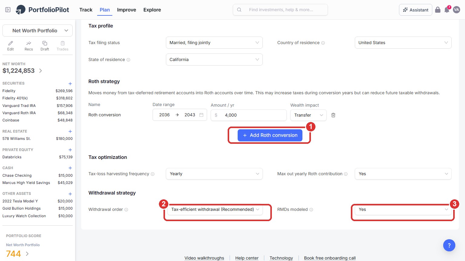 The Taxes & withdrawals tab: Add Roth conversion (marker 1), the Tax-efficient withdrawal order (marker 2), and the RMDs modeled toggle (marker 3).