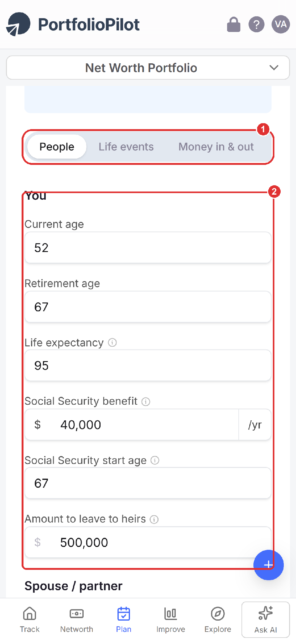 Mobile view of More settings: the swipeable six-tab row (marker 1) and the People tab fields (marker 2).