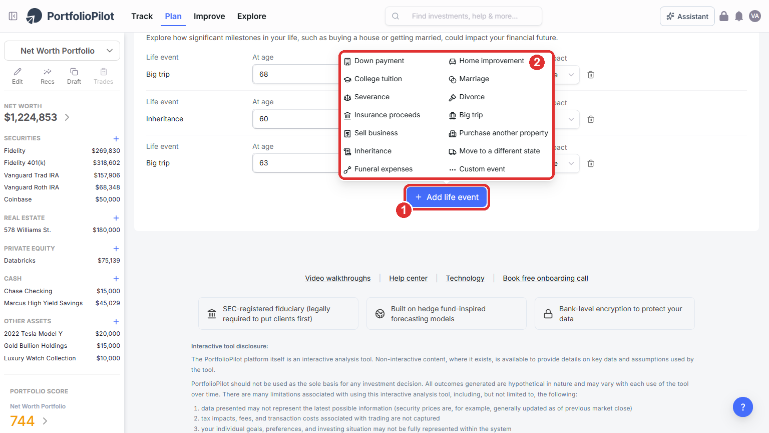 The Add life event button (marker 1) and the menu of milestone types it opens (marker 2).