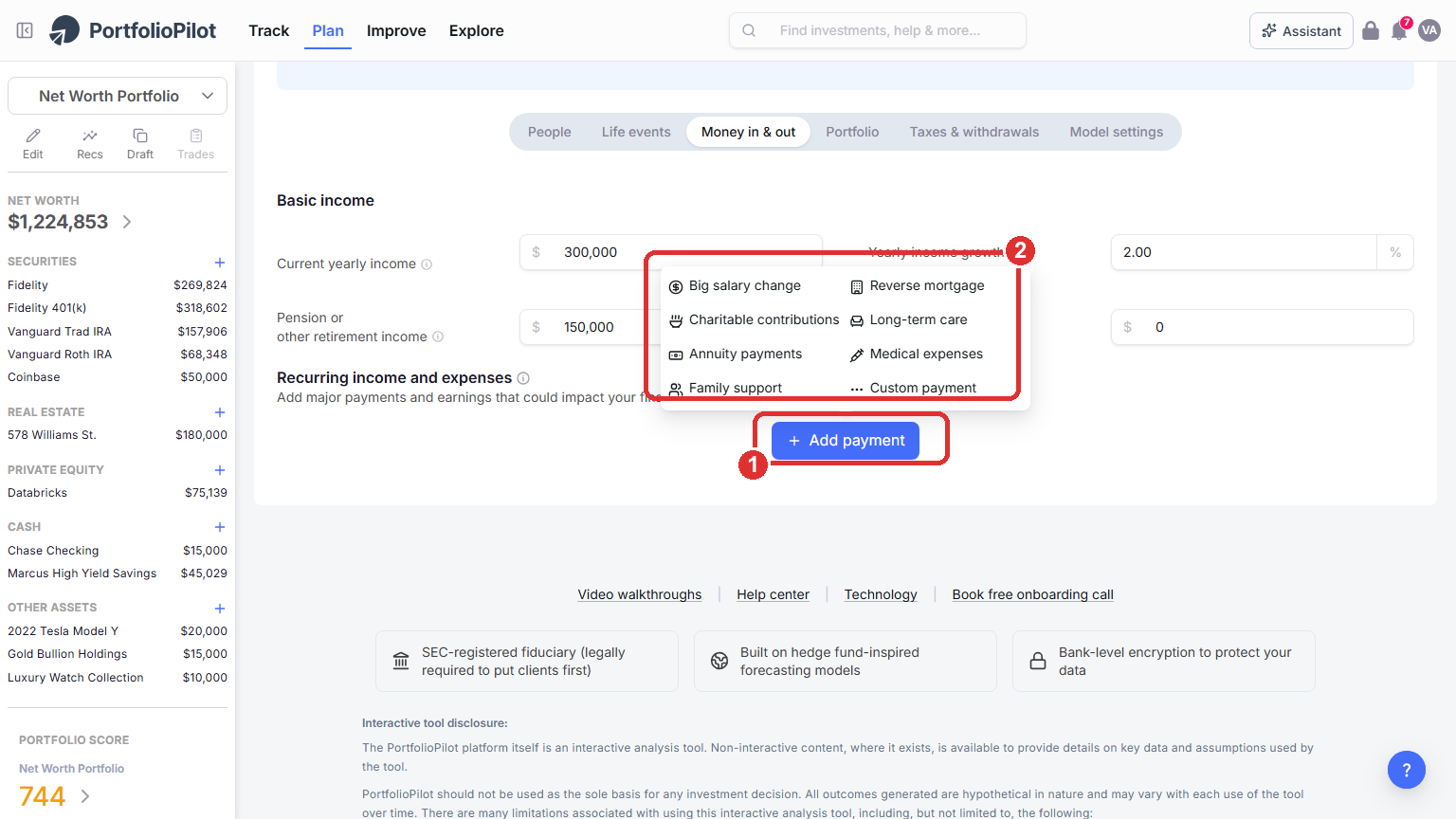 The Add payment button (marker 1) and the menu it opens (marker 2), listing recurring income and expense types.
