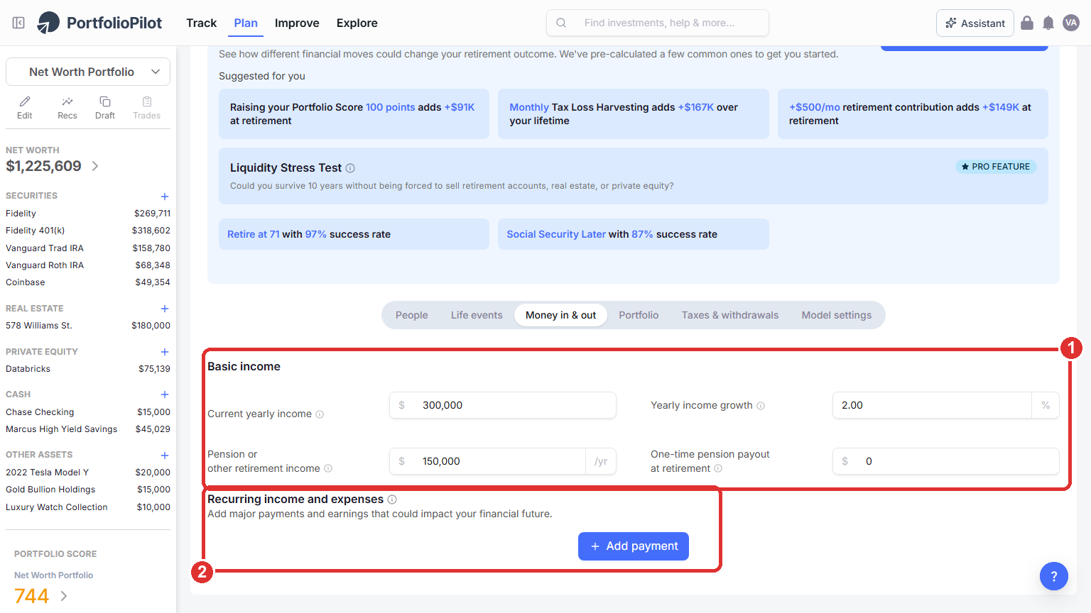 The Money in & out tab: Basic income fields (marker 1) and the Recurring income and expenses section with the Add payment button (marker 2).