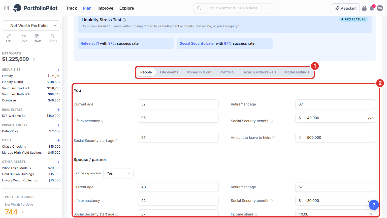 The More settings panel showing the six tabs in order (marker 1) and the People tab fields, including the Spouse / partner Include separately option (marker 2).