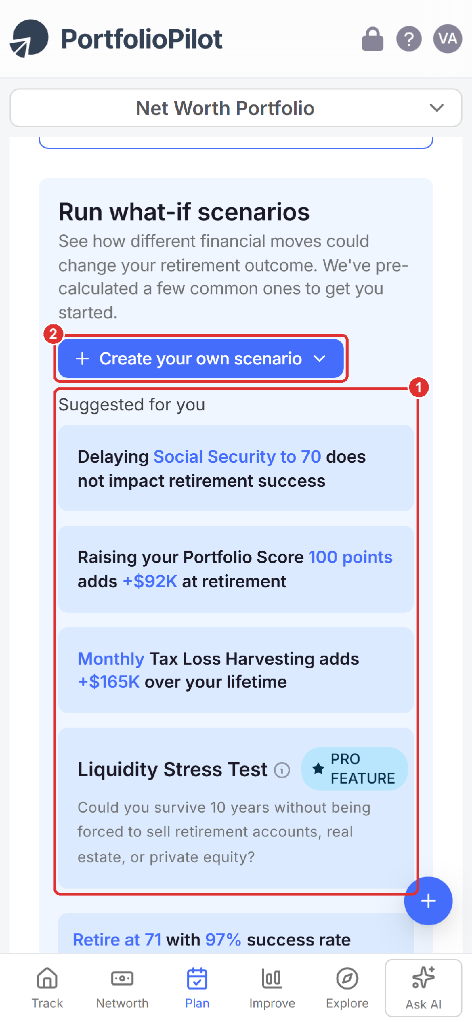 Mobile view of what-if scenarios: the Suggested for you presets (marker 1) and the Create your own scenario button (marker 2).