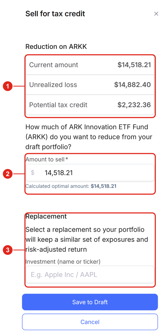 The Sell for tax credit drawer on a phone.