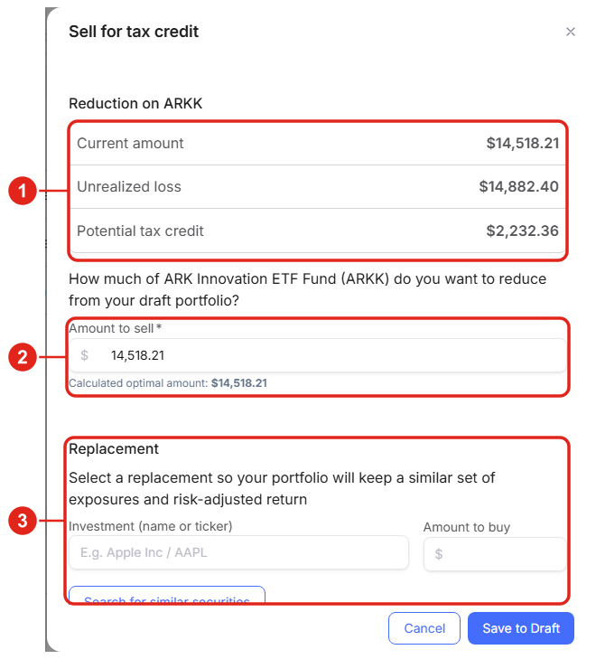 The Sell for tax credit drawer with the estimated tax credit and the replacement search.