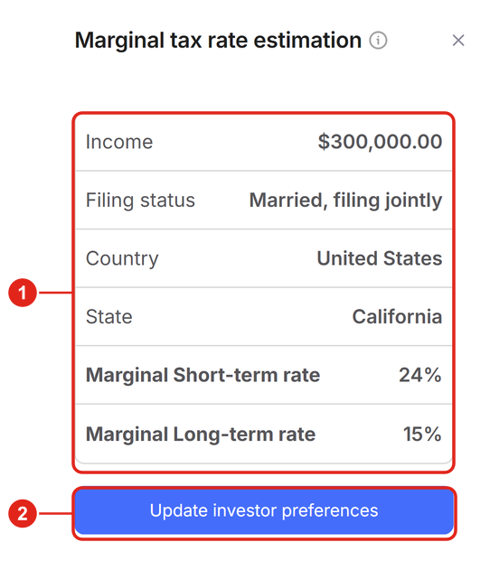 The Marginal tax rate estimation panel on a phone.