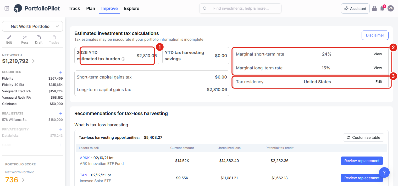 The Estimated investment tax calculations card on the Taxes page.