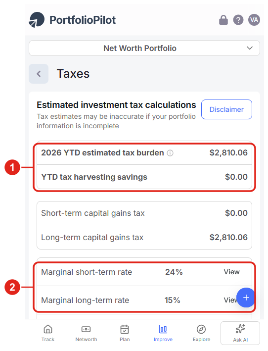 The Estimated investment tax calculations card on a phone.