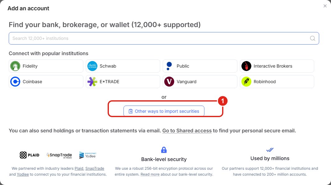 The PortfolioPilot Add an account screen with an institution search, popular institutions, and an Other ways to import securities button.