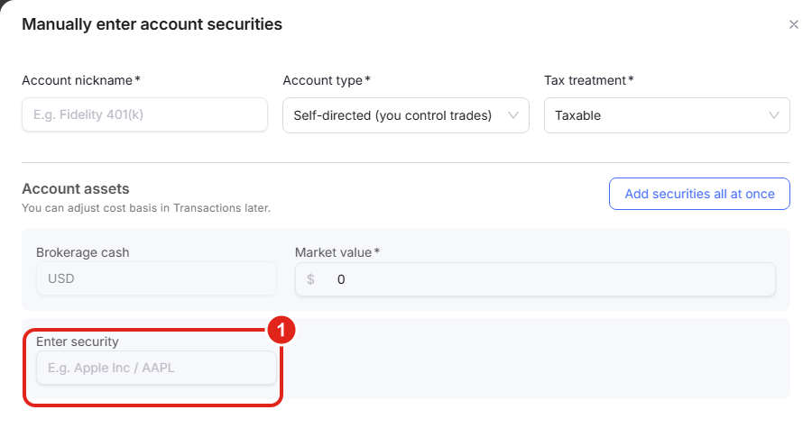 The PortfolioPilot Manually enter account securities screen with an account nickname, account type, tax treatment, and an Enter security field.