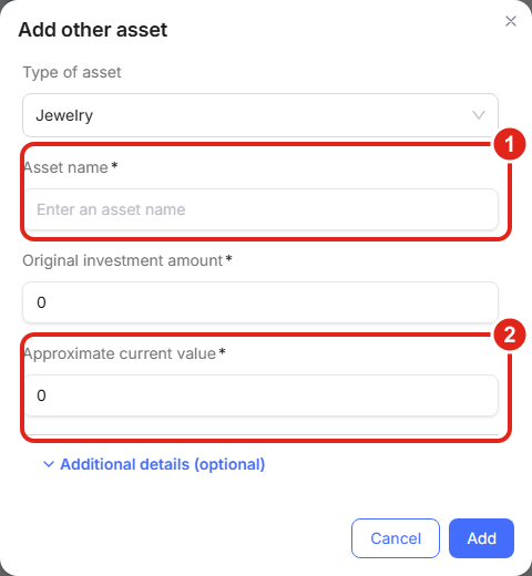 The PortfolioPilot Add other asset form with a Type of asset dropdown, an Asset name field, an Original investment amount field, and an Approximate current value field.