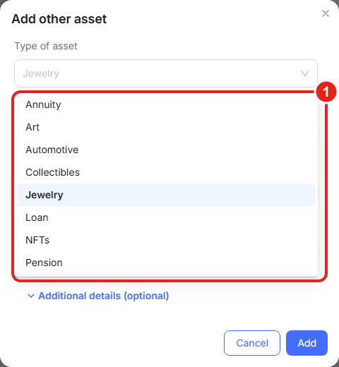 The PortfolioPilot Add other asset form with the Type of asset dropdown open, listing Annuity, Art, Automotive, Collectibles, Jewelry, Loan, NFTs, and Pension.