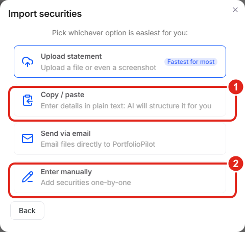 The PortfolioPilot Import securities menu with Upload statement, Copy / paste, Send via email, and Enter manually options.