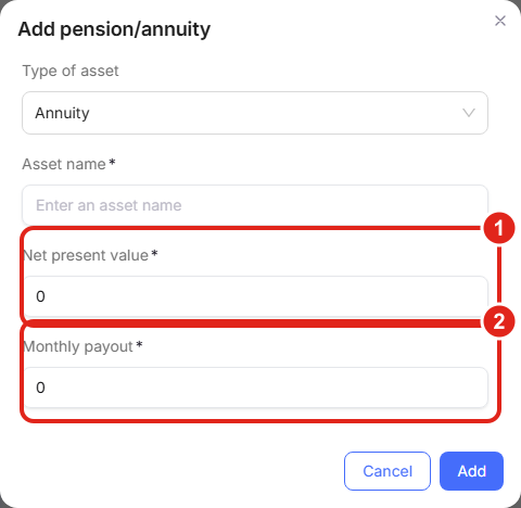 The PortfolioPilot Add pension/annuity form with Type of asset set to Annuity and fields for Asset name, Net present value, and Monthly payout.