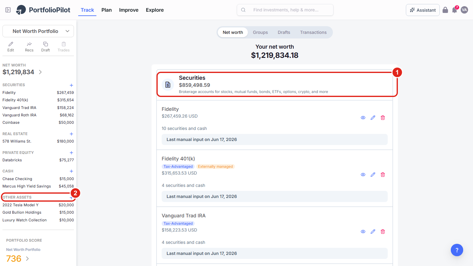 The PortfolioPilot Net Worth page sidebar with categories Securities, Real estate, Private equity, Cash, and Other assets, each with a plus button to add a holding.