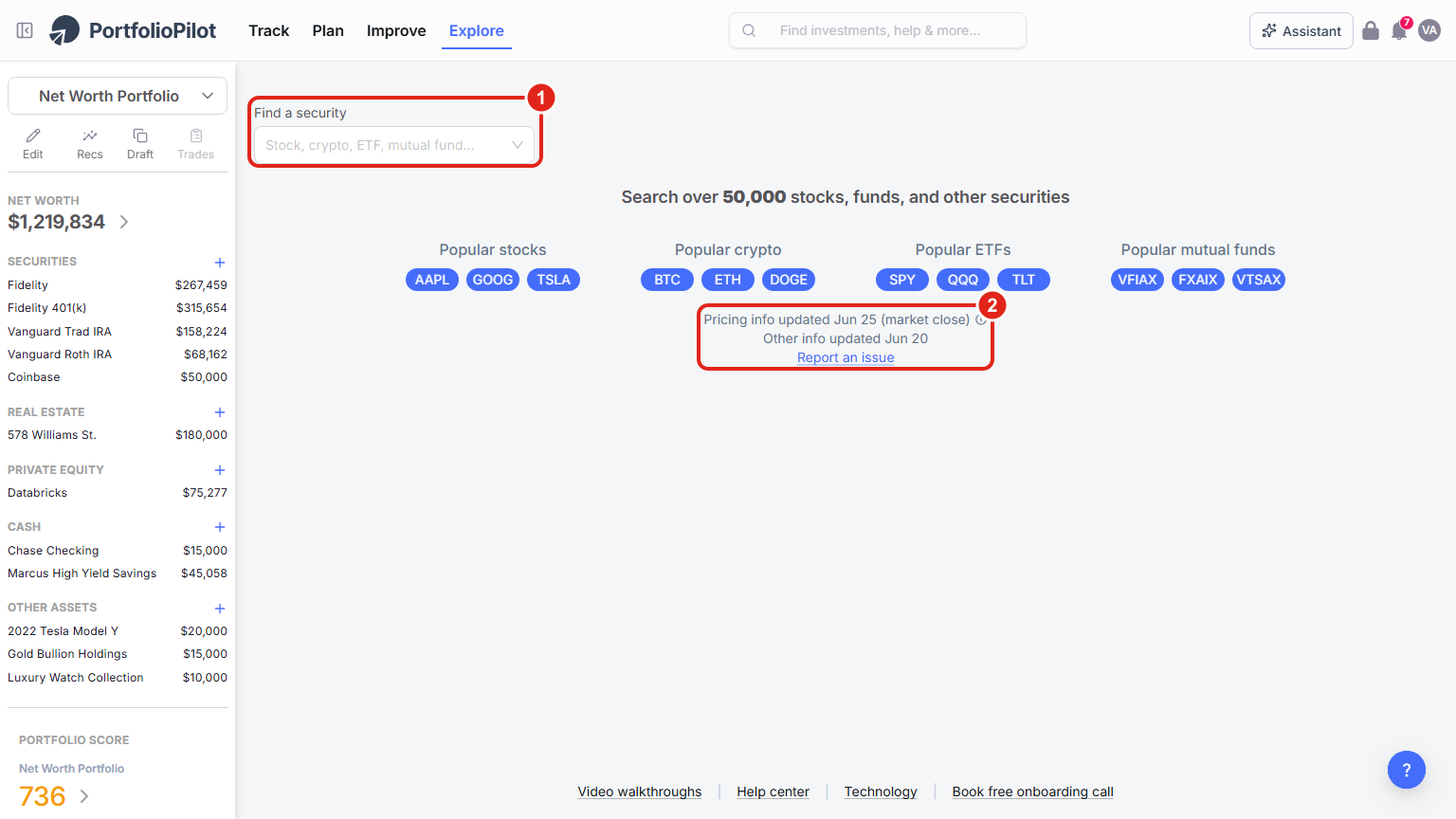 The Security Explorer landing: the Find a security search box (1), and the data-last-updated note with its Report an issue link (2).