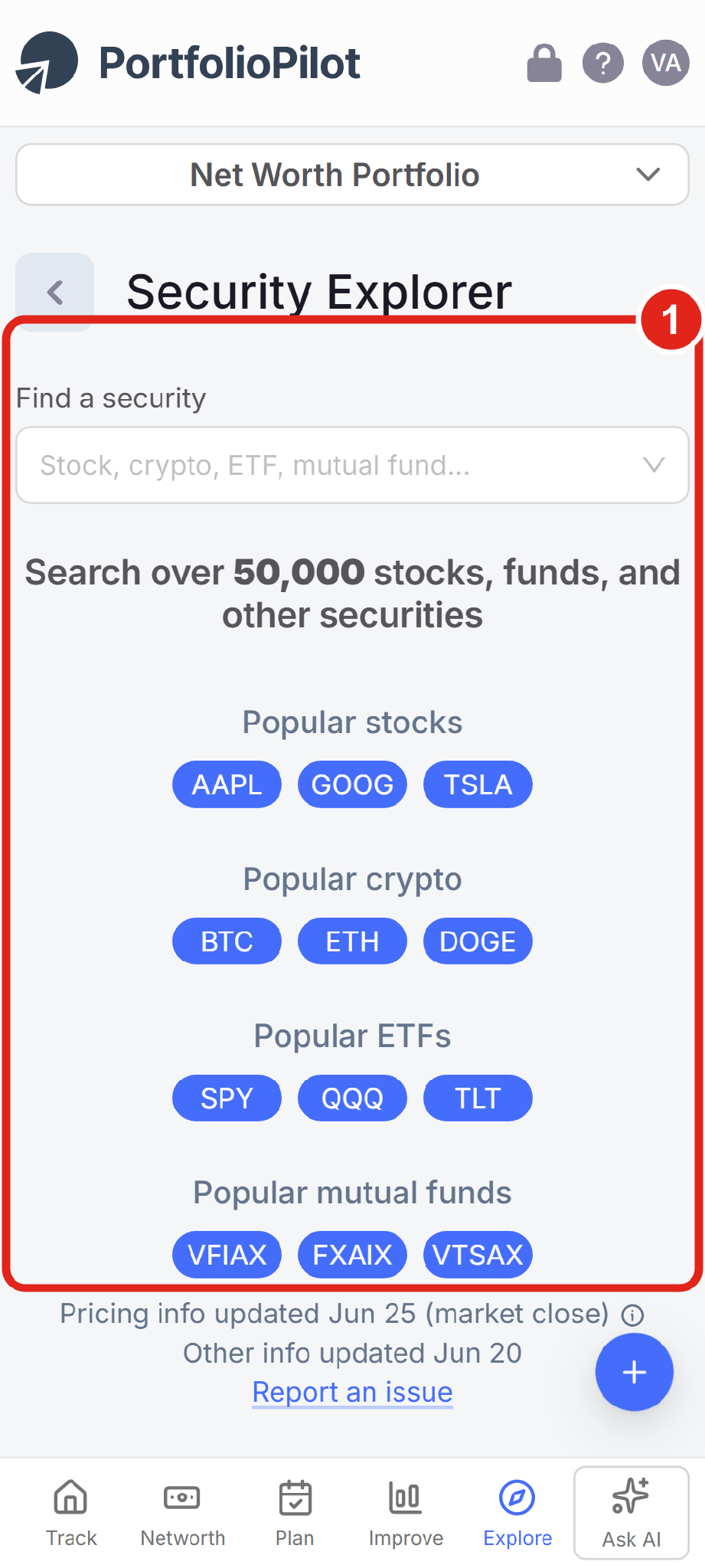 On a phone, the Security Explorer opens with the Find a security box and popular securities at the top.