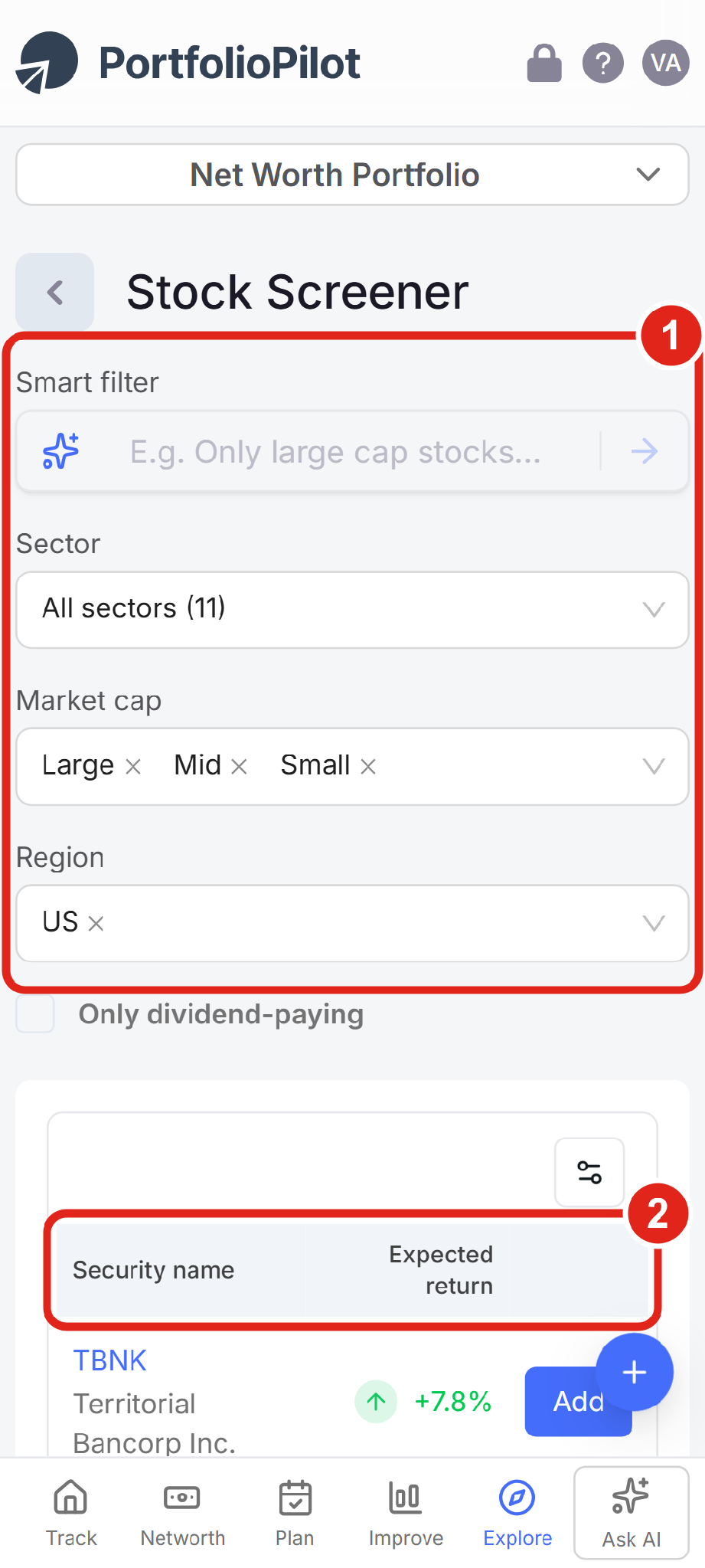 On a phone, the Stock Screener filters stack vertically above the results table.