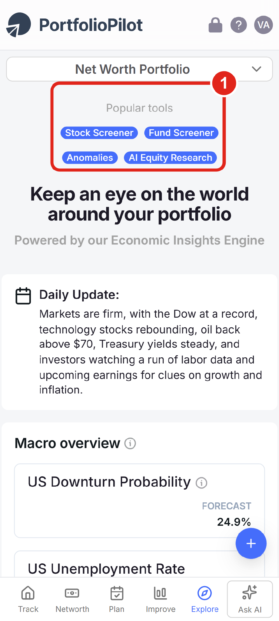 On a phone, the Explore market overview opens with a Popular tools row of shortcuts at the top, above the Daily Update and Macro overview.