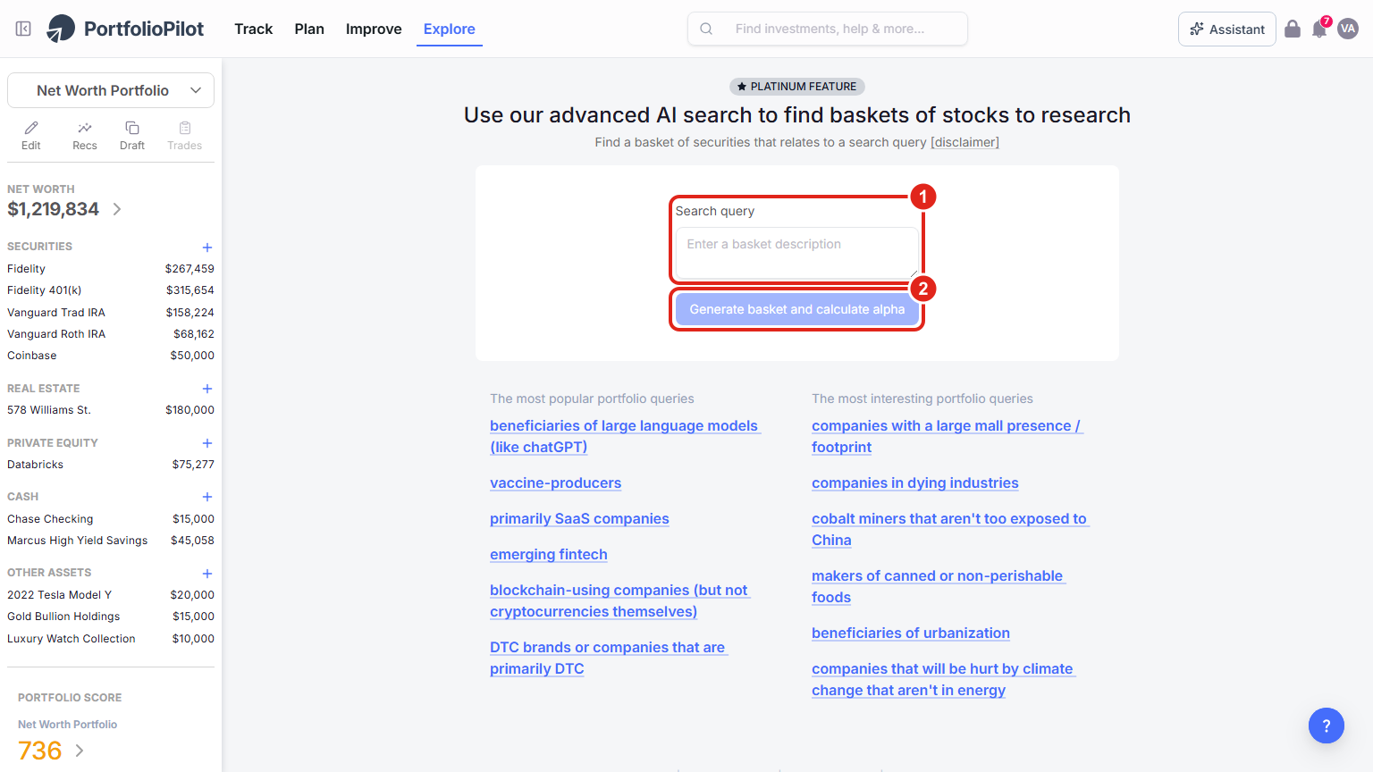 AI Equity Research: the plain-English Search query box (1) and the Generate basket and calculate alpha button (2), with example queries listed below.