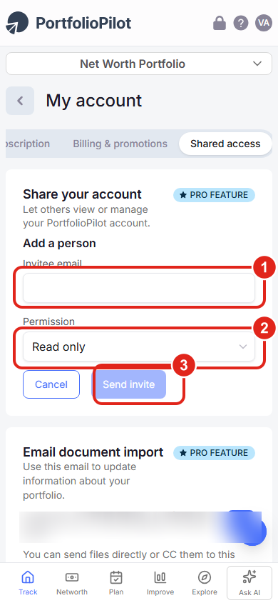 Mobile Shared access form: Invitee email (1), Permission (2), Send invite (3).