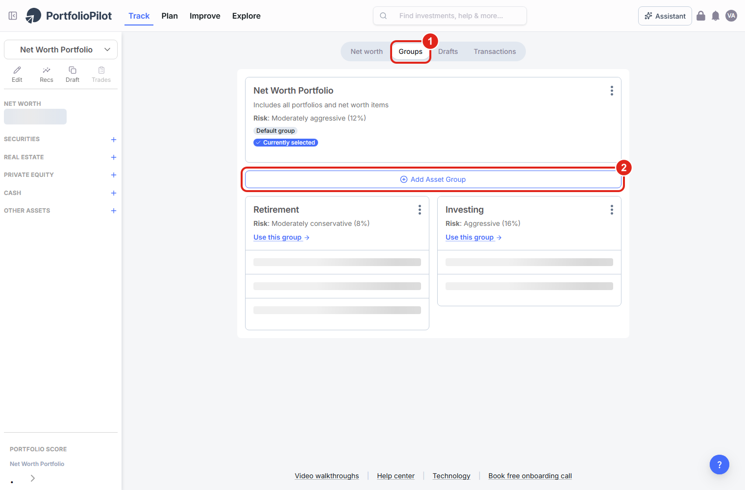 The Groups tab on the Net Worth page (callout 1) and the Set up Asset Groups button (callout 2), with text explaining that groups separate analysis and recommendations.