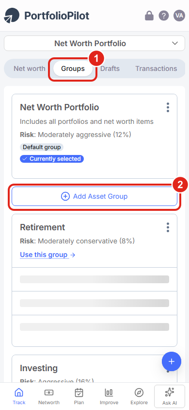 Mobile Groups tab (1) and Set up Asset Groups button (2).