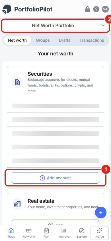 Mobile Net Worth page with Add account (1) and the portfolio selector (2).