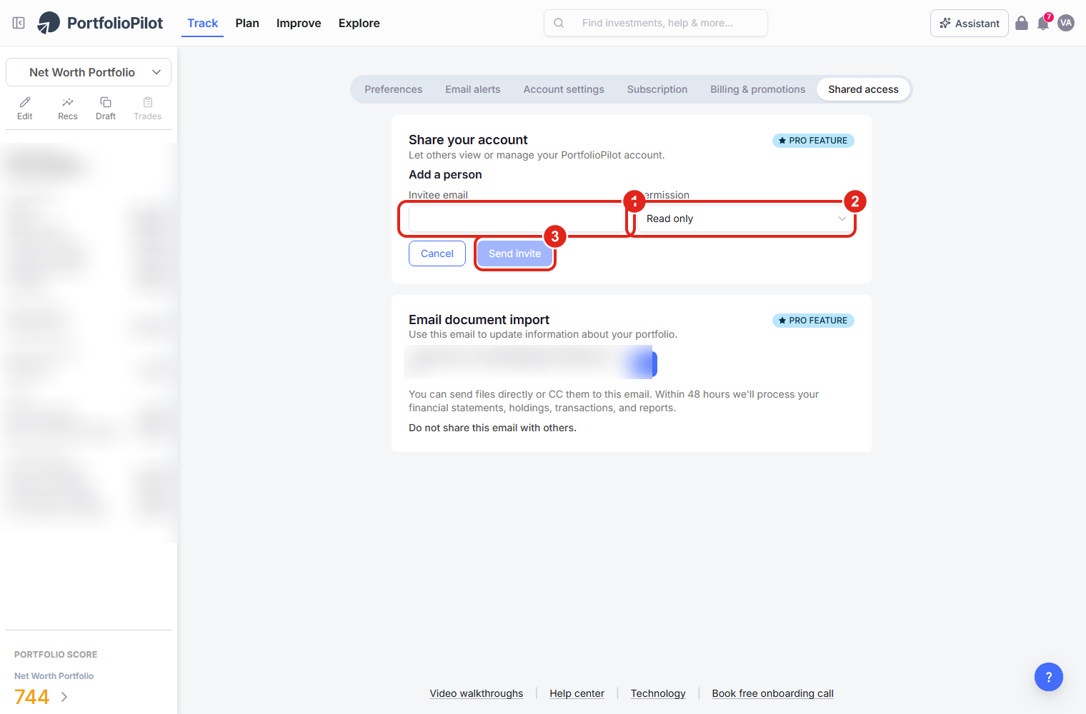 The Shared access page (a Pro feature): the Invitee email field (callout 1), the Permission dropdown set to Read only (callout 2), and the Send invite button (callout 3).