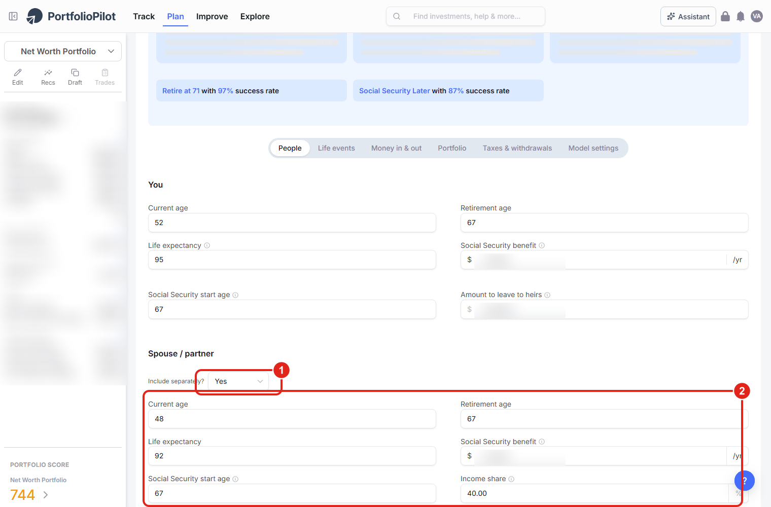 The Retirement Planner People tab: Include separately? set to Yes (callout 1) and the Spouse / partner fields for age, retirement age, life expectancy, Social Security, and Income share (callout 2).