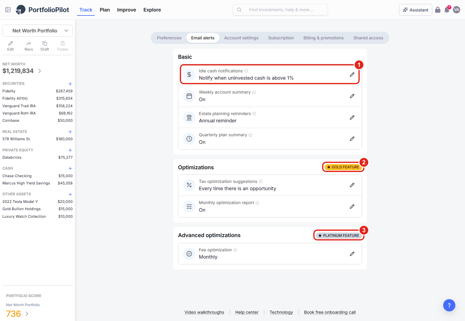 The Email alerts settings page with three cards - Basic, Optimizations (Gold), and Advanced optimizations (Platinum) - each listing alert rows with their current setting and an Edit control.