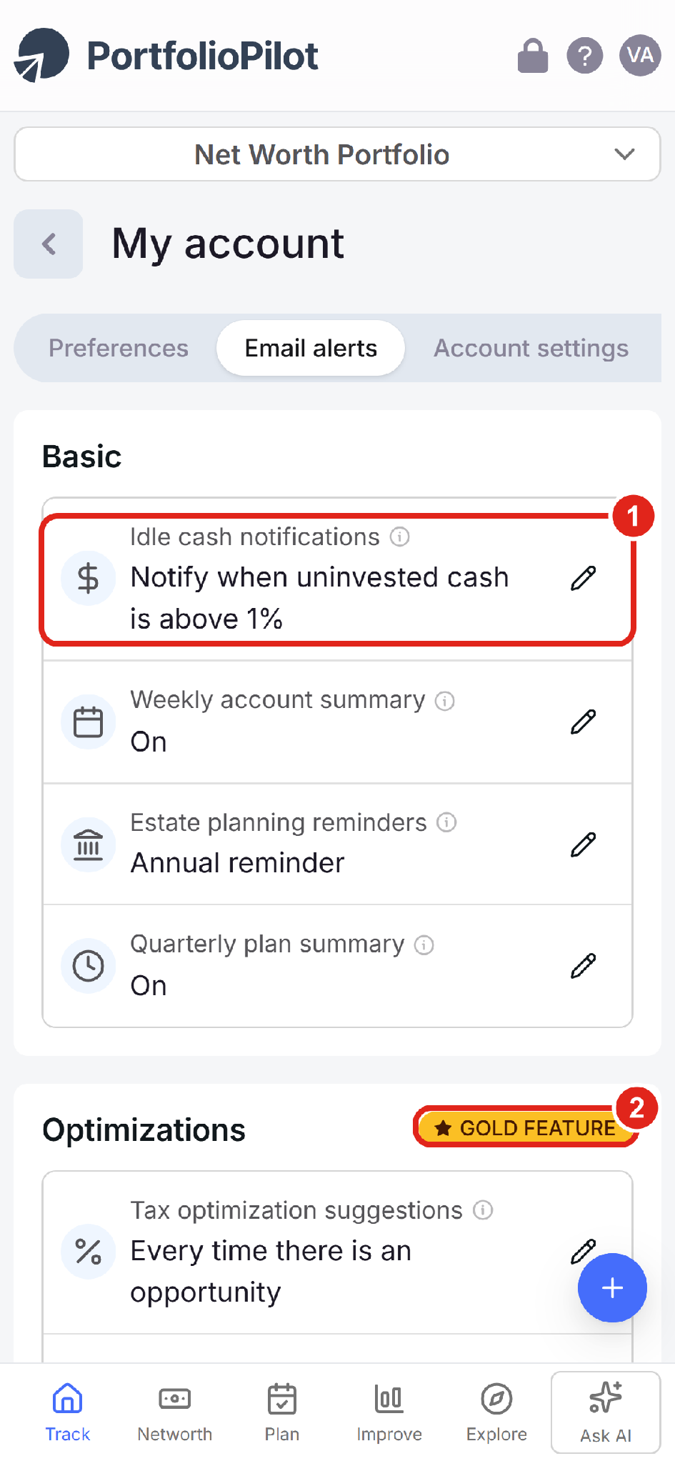Mobile view of the Email alerts settings page: the Basic card with alert rows and edit pencils, and the Optimizations card with a Gold tag.