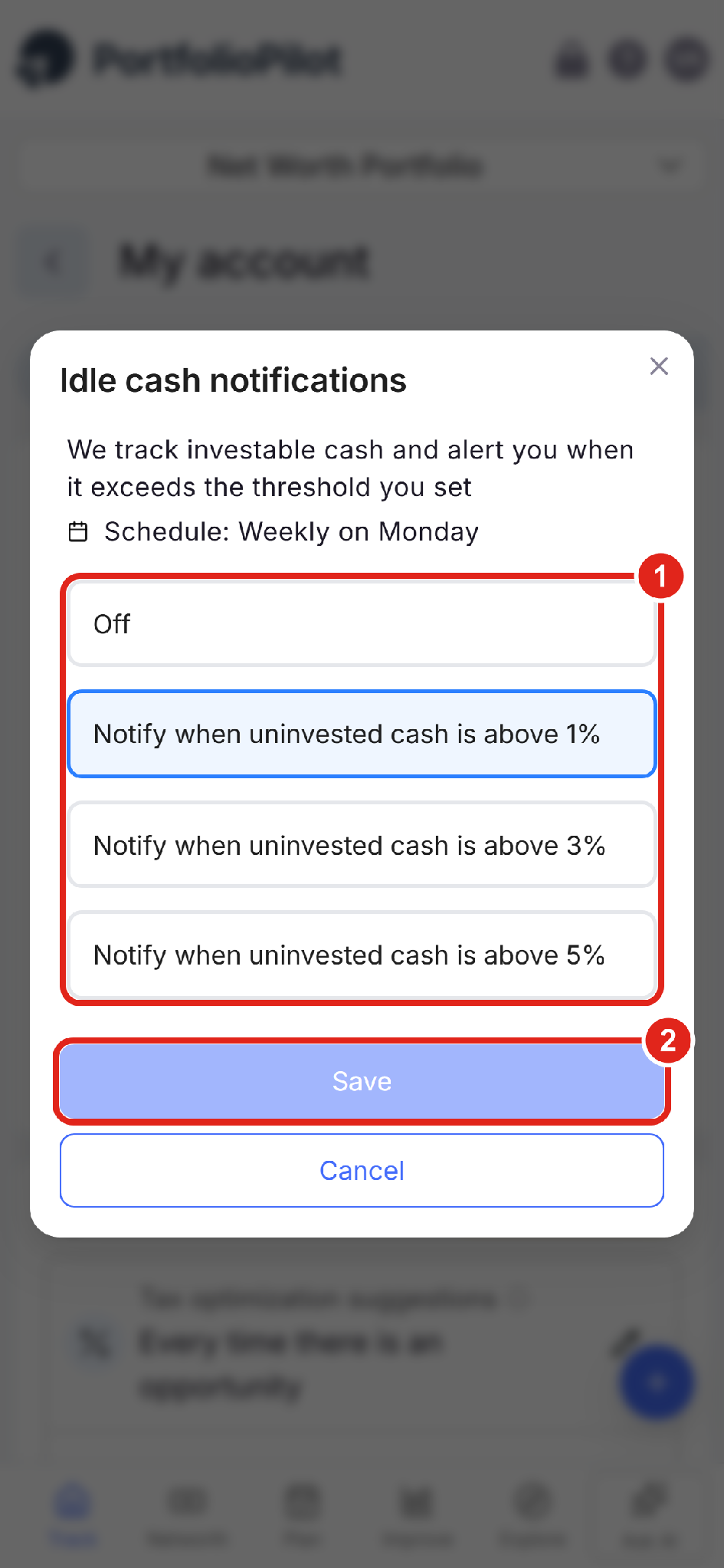 Mobile view of the Edit panel for an alert, with the options list and a full-width Save button.