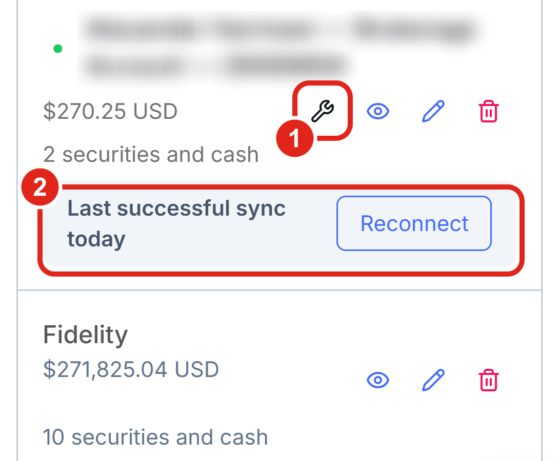 The Securities section on a phone, showing an account row with its View, Edit, and Delete controls.