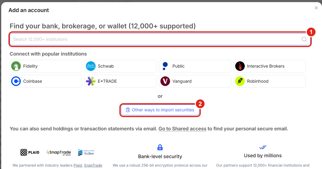 The Add an account window with the institution search box at the top and the Other ways to import securities option for uploading a statement or entering holdings manually.