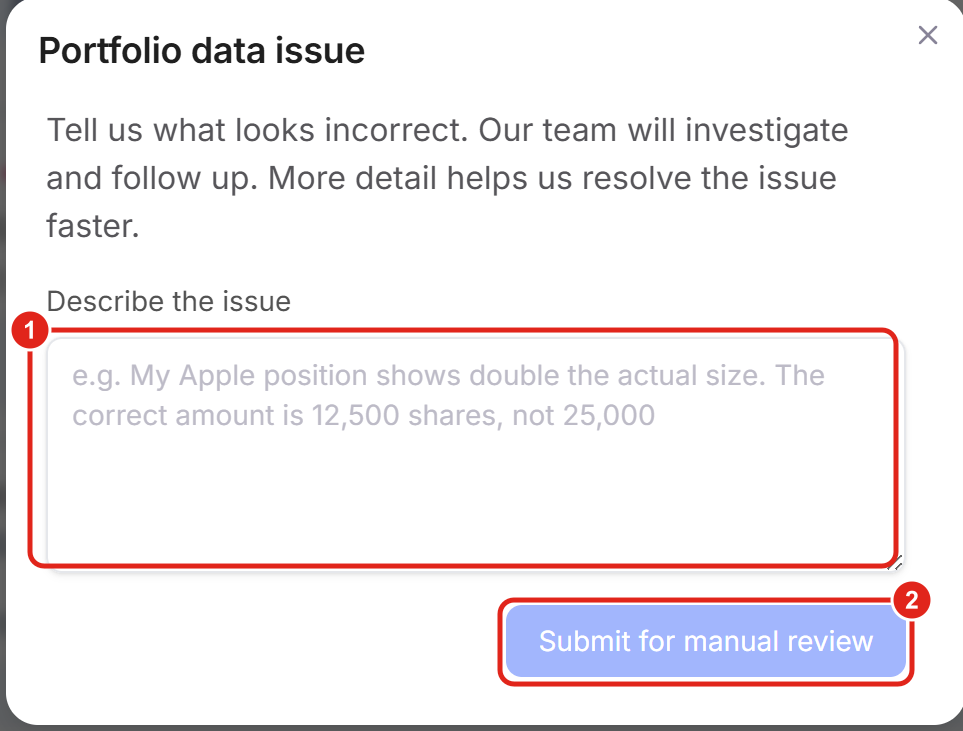 The connected-account Portfolio data issue dialog, with a Describe the issue field and a Submit for manual review button.