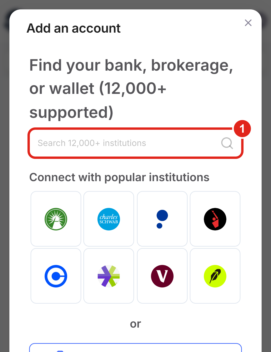 The Add an account window on a phone, full-screen, with the institution search box at the top.