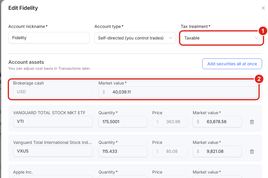 The account edit drawer showing the Tax treatment field and the Brokerage cash field, where you enter or correct the account's cash balance.