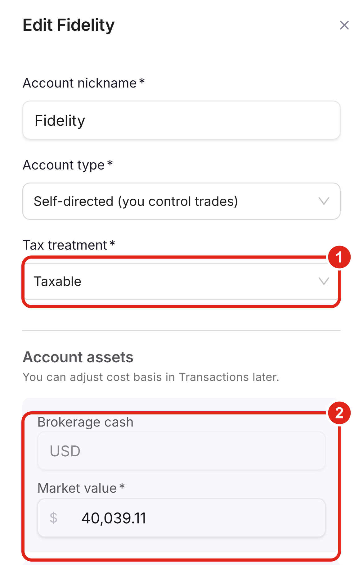 The account edit drawer on a phone, full-screen, showing the Tax treatment field and the Brokerage cash field.