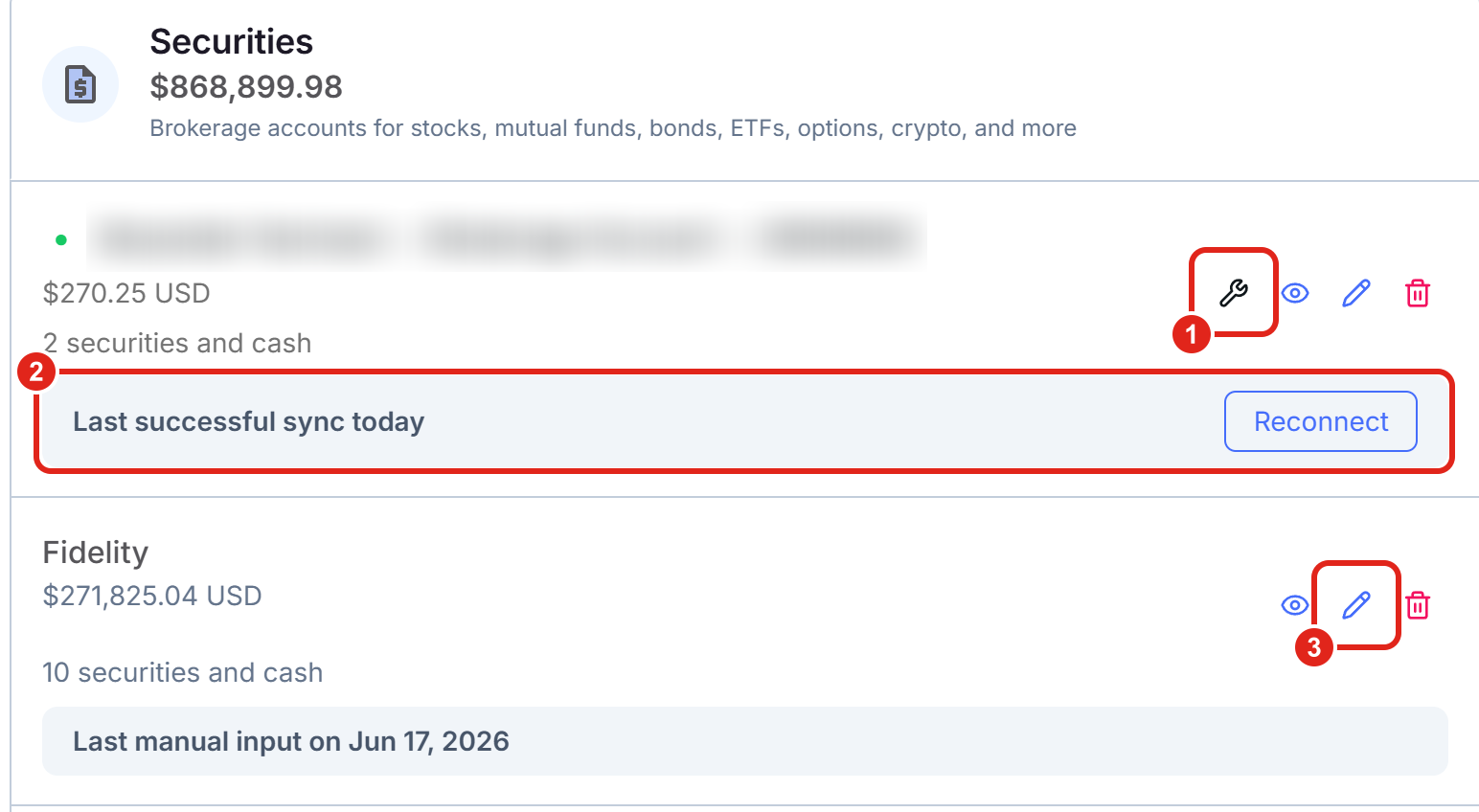 The Securities section of the Net Worth page showing the Add account button, an account row with its View, Edit, and Delete controls, and the status line under the account name.