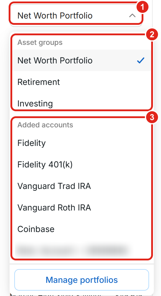 The portfolio selector open, listing the Net Worth Portfolio, asset groups, and individual accounts.