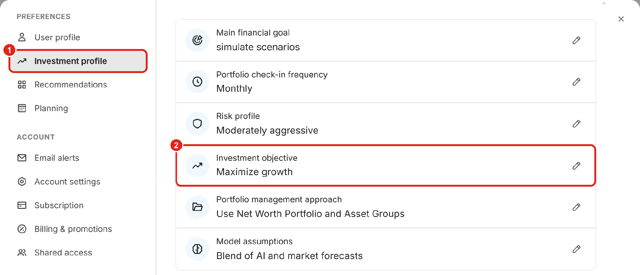 The Settings window with Investment profile selected and the Investment objective row highlighted.