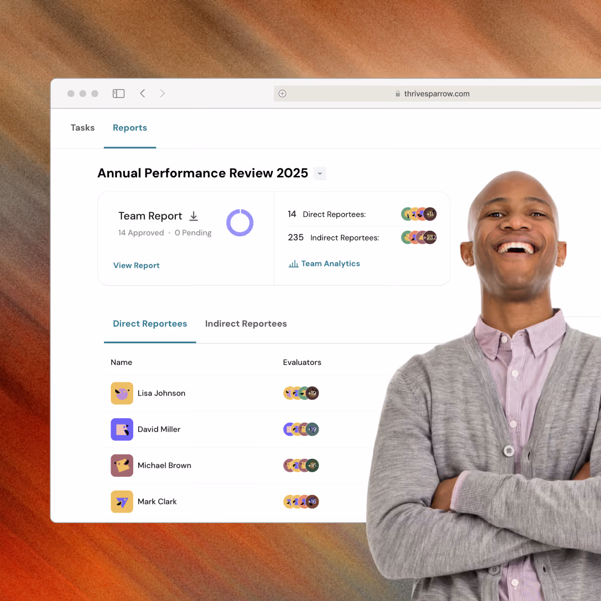 Man smiling while looking at a laptop with an Annual Performance Review 2023 report displayed on the screen showing direct and indirect reportees.