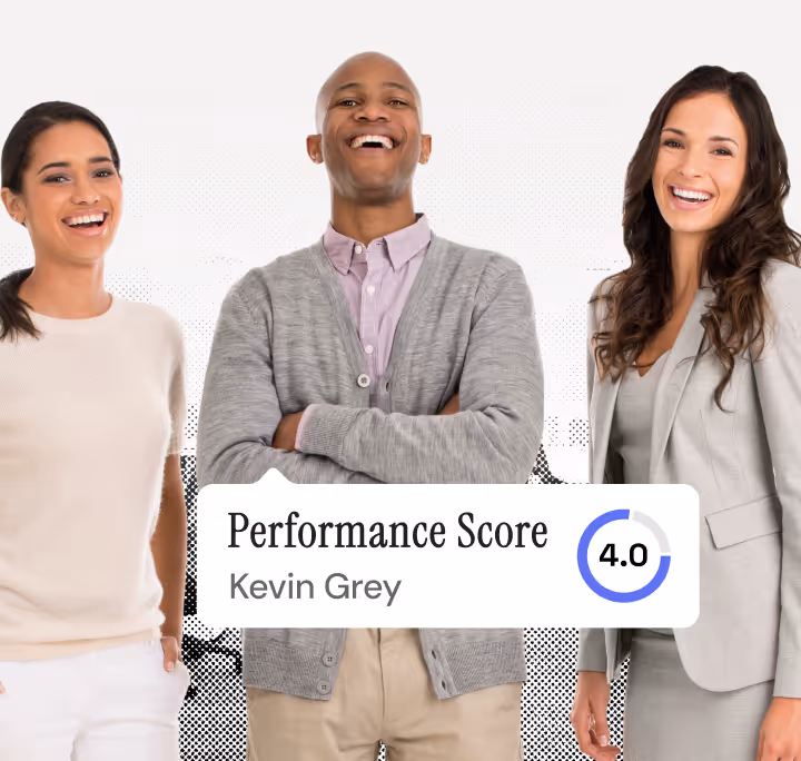 Three diverse professionals smiling, with a performance score card showing Kevin Grey's score of 4.0 in a circular progress graphic.